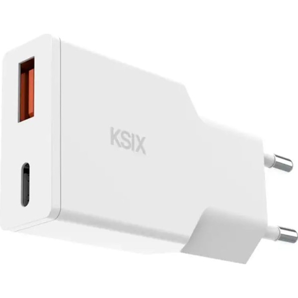 Ksix bcd20wc01 blanco / cargador de red eléctrica 20w / gan / power delivery + pps /  usb-c + usb-a